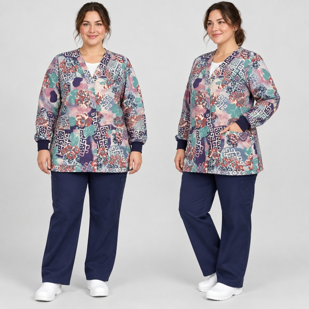 Vintage Floral Geometric Scrub Jacket Purple Teal XL Snap Front Pockets Cuffs